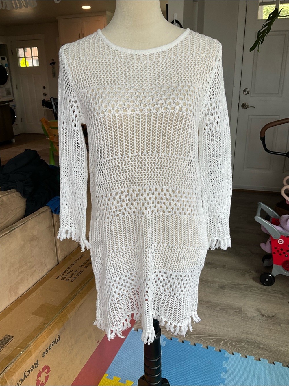 🌅White Linen Cotton Crochet Long Sleeve Fringe Beach Cover Up Tunic Dress